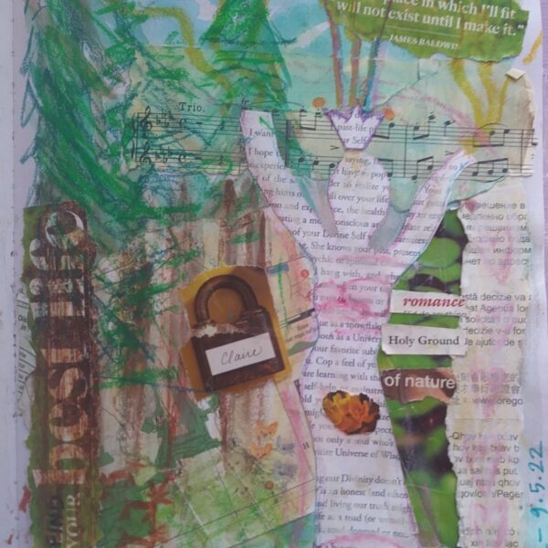 collage of words and forest